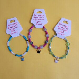 Mix of Pink, Green, and Blue 3 Beaded Bracelet set with Princess Charms, Size S
